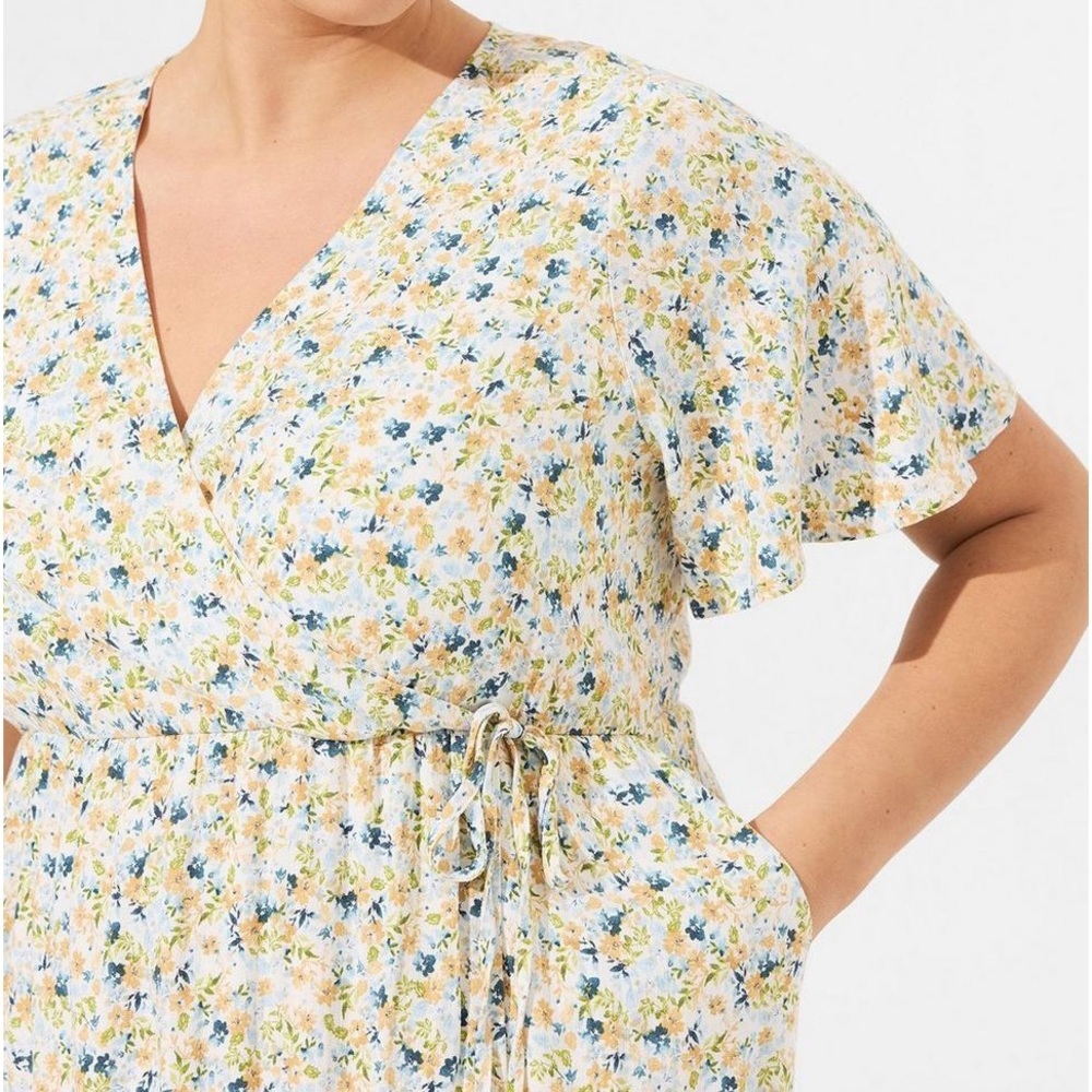 torrid Cream Floral Wrap Midi Dress with Blue & Yellow Print - Picture 2 of 4
